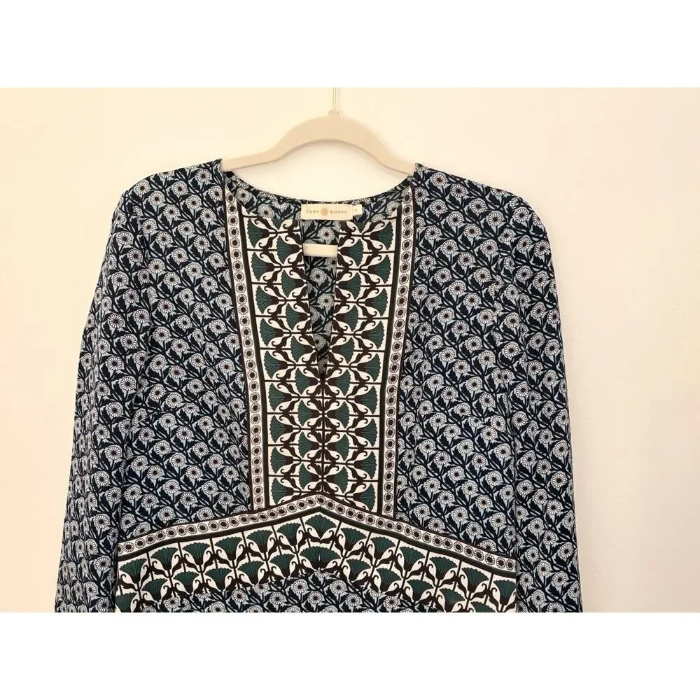 Tory Burch Long Sleeve Dress Goemetric/Floral Pattern Blue Green V-neck Size 6
